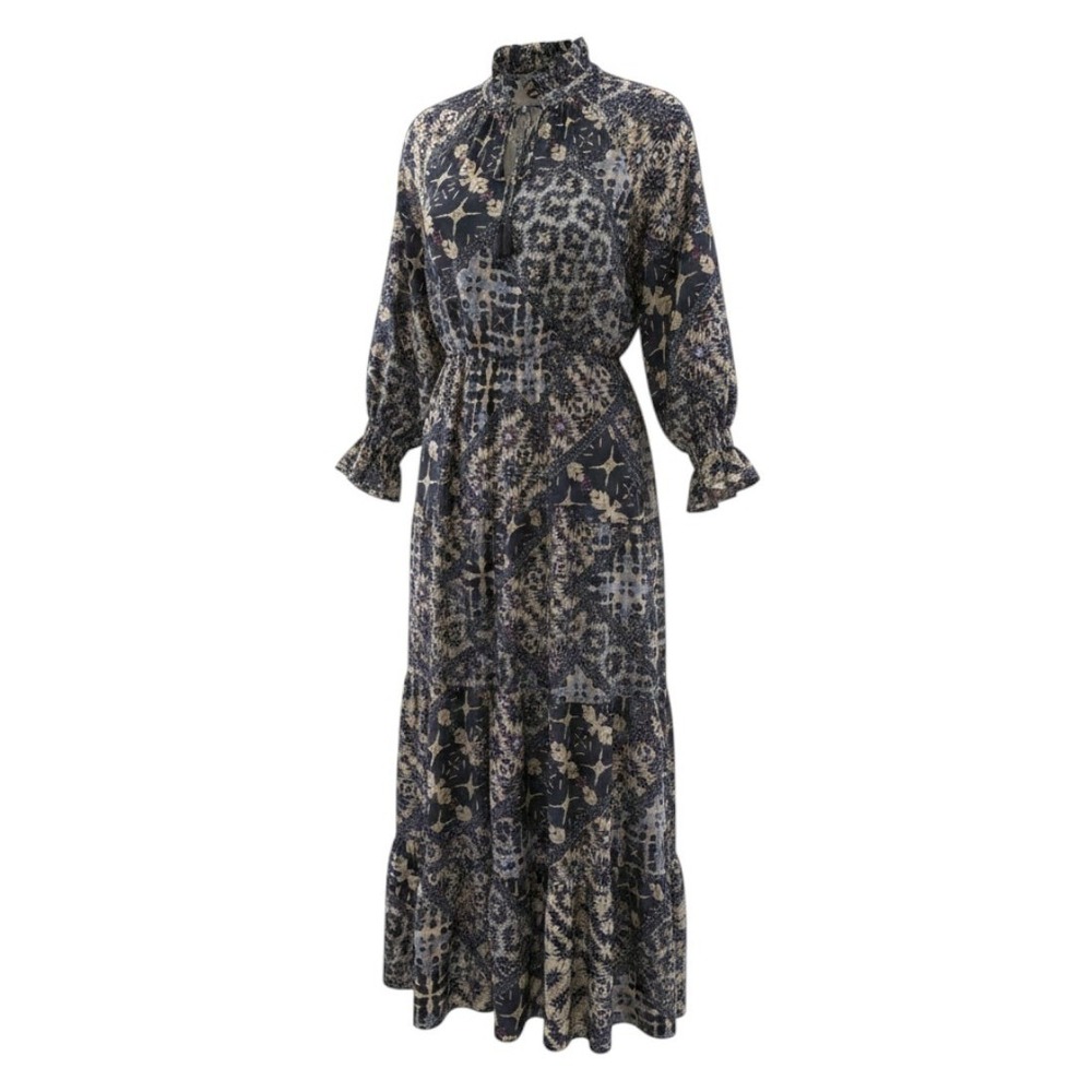 Paani Boho Patchwork Maxi Dress Metallic Accents Tiered Ruffle Neck Small